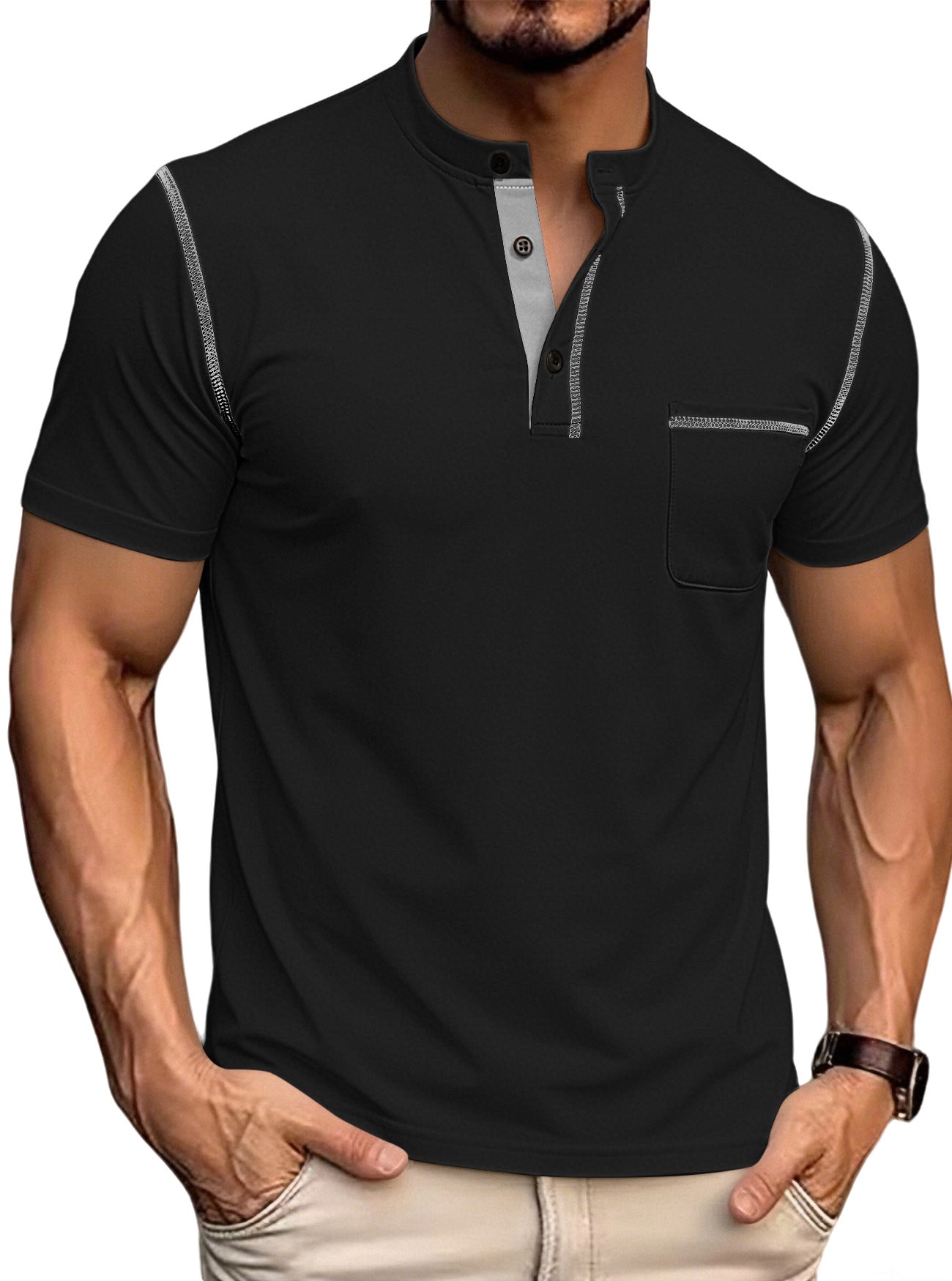 Men's stand collar henley polo shirt in black, button placket, chest pocket, gray contrast trim