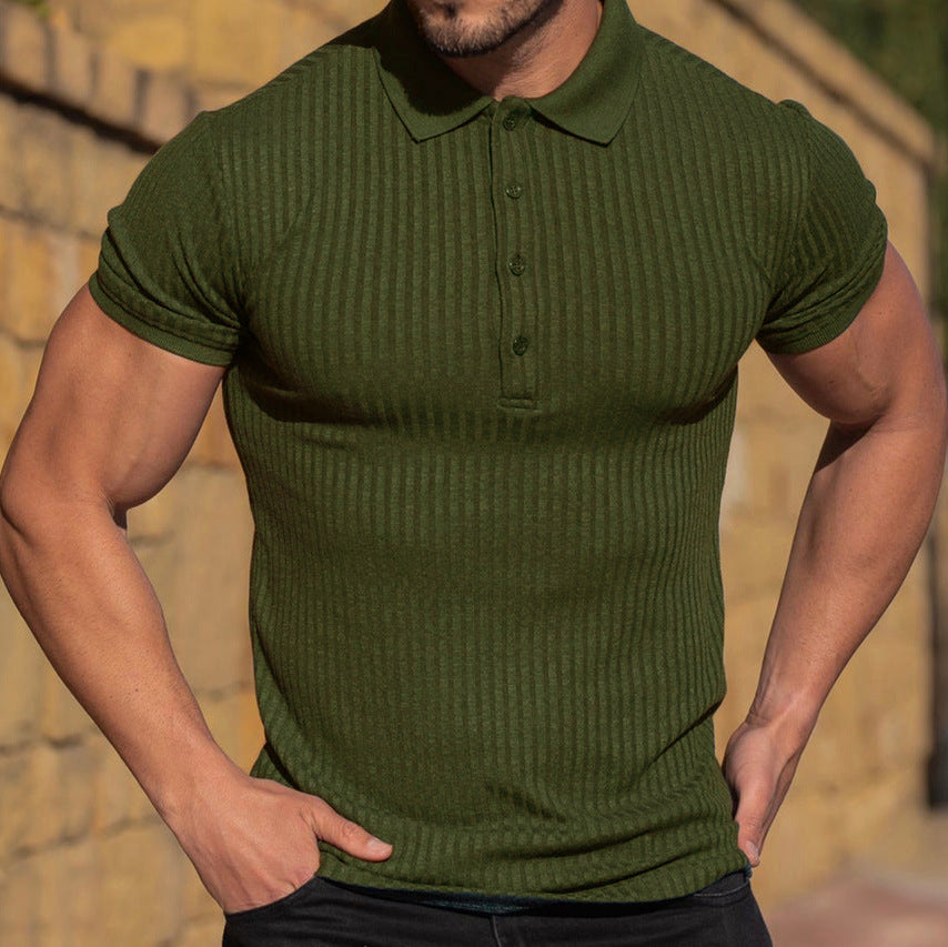Men's ribbed stretch polo shirt, olive green, short sleeves with button placket