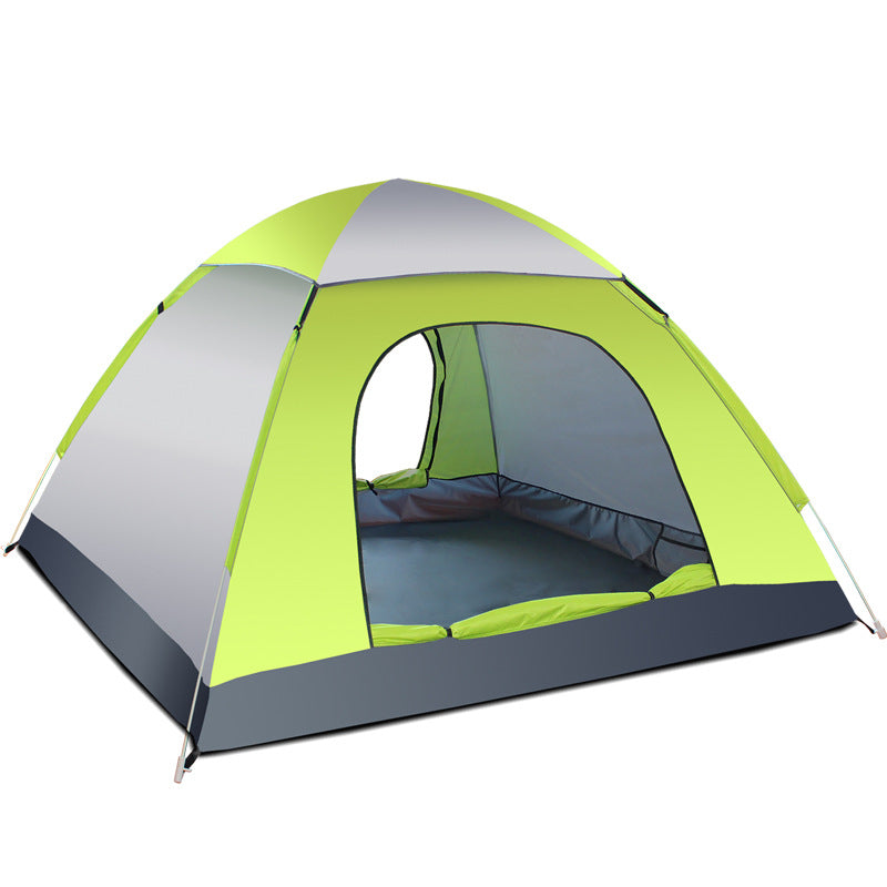 Pop-up camping tent in lime green with rounded front door and mesh panel