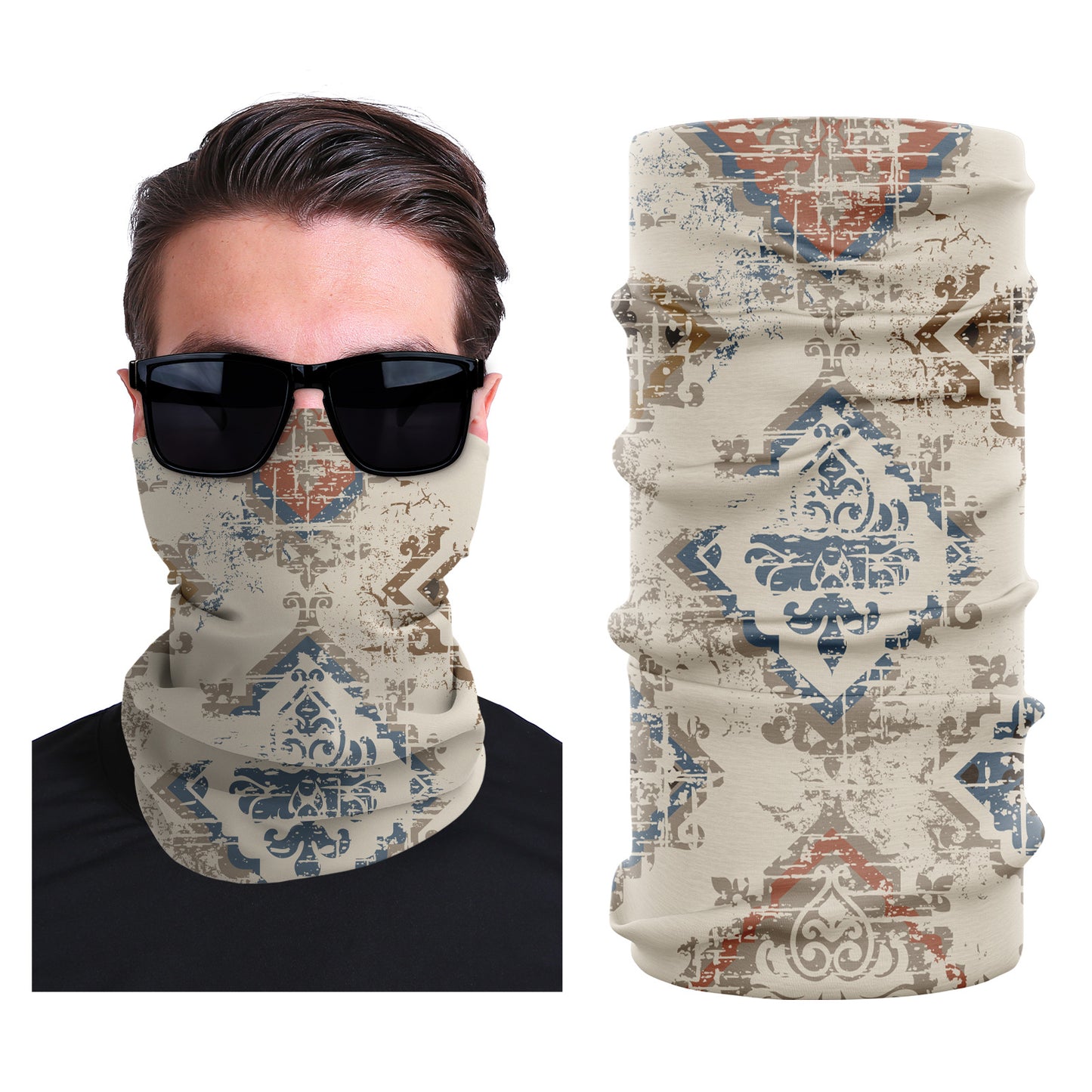 Stretch outdoor face mask in beige with blue and red map-style pattern