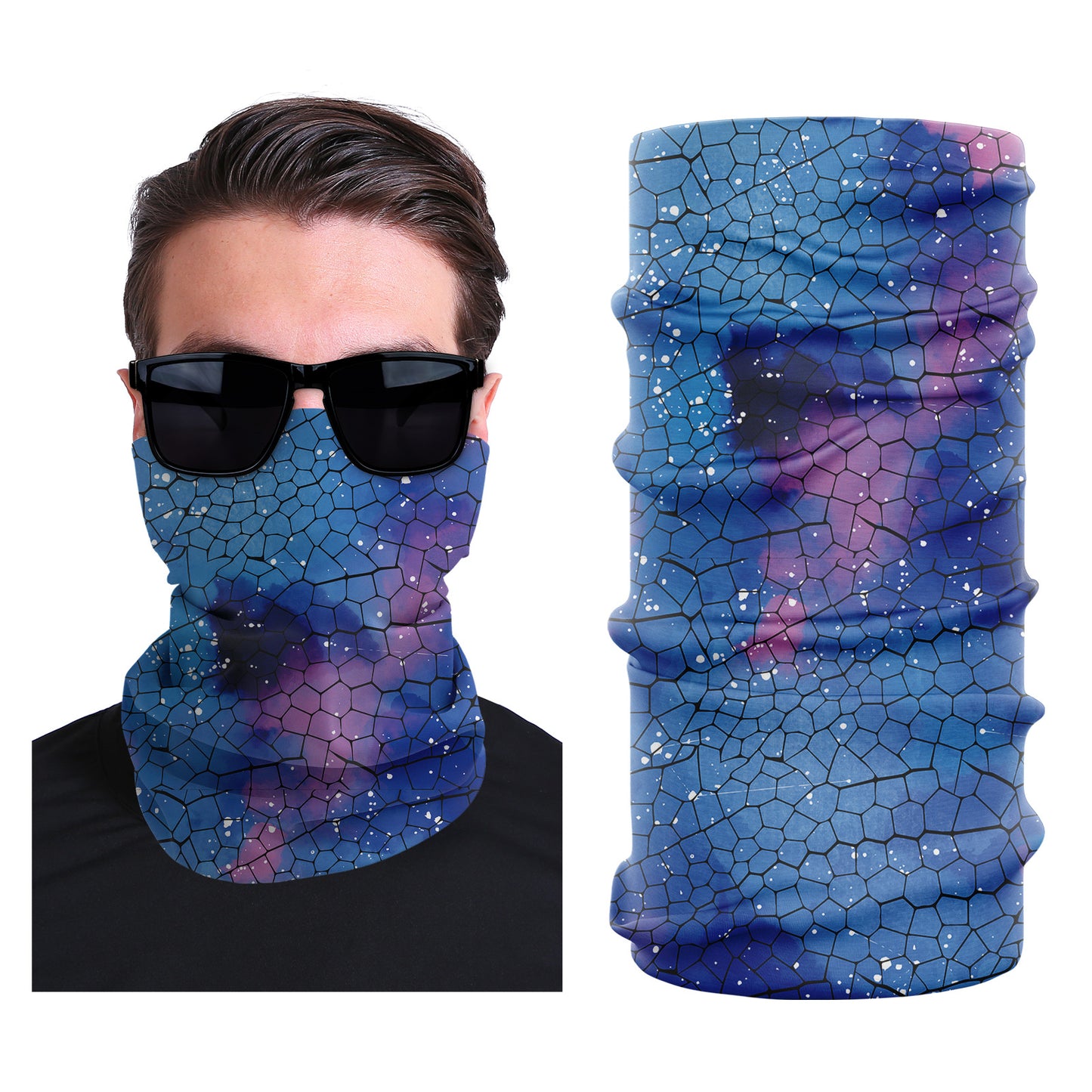 Seamless stretch face mask with blue galaxy hexagon pattern