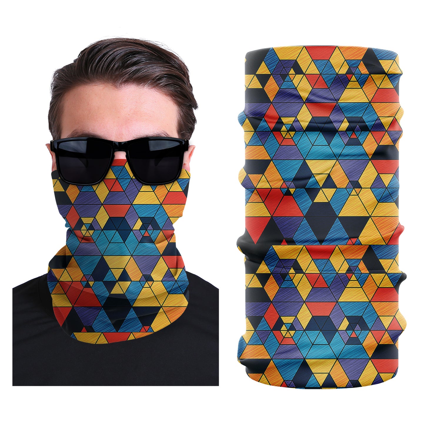 Seamless stretch face mask with multicolor geometric tile pattern