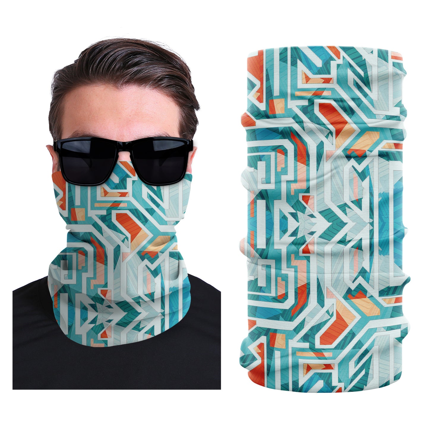 Seamless stretch face mask with teal and coral maze pattern