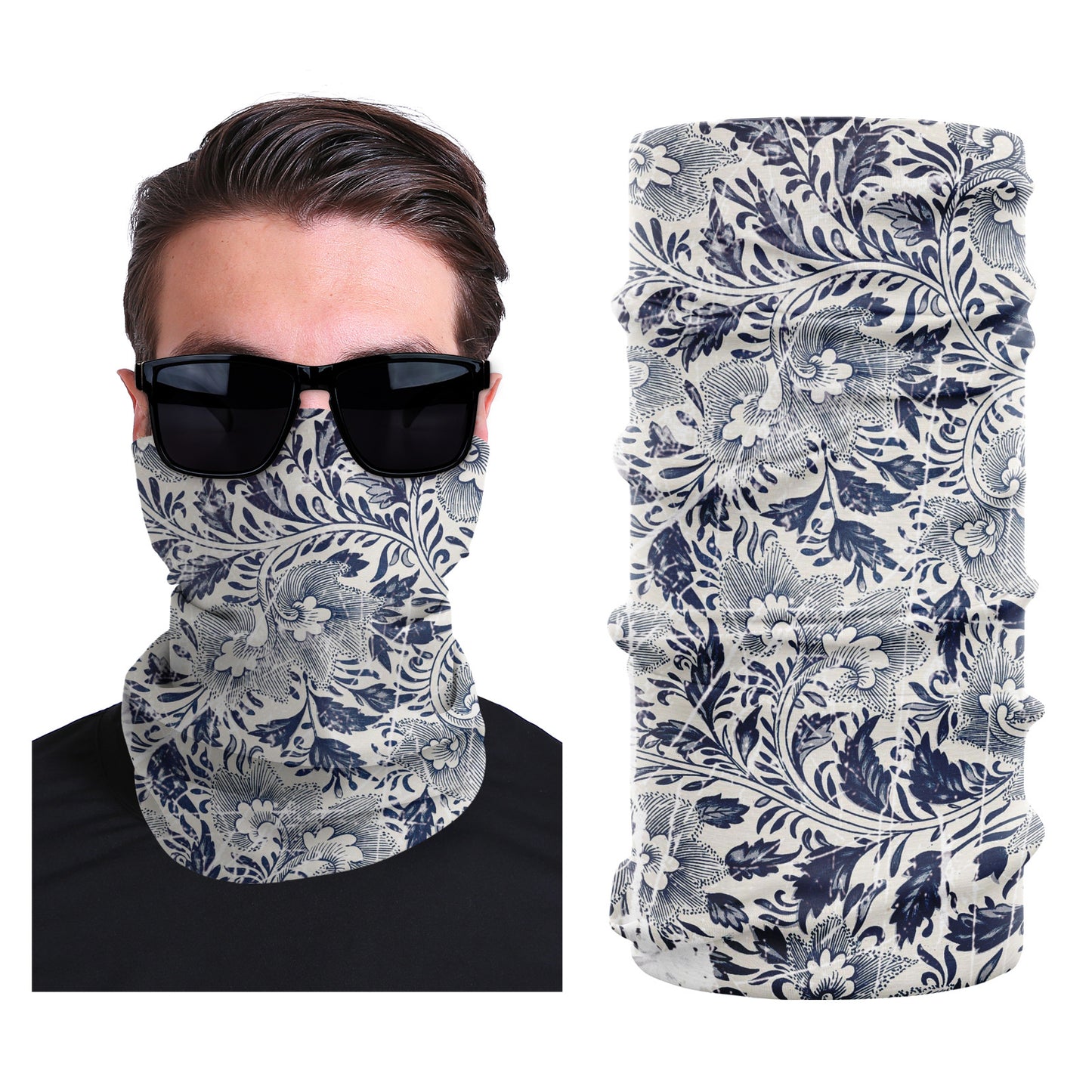 Seamless stretch face mask with navy and white floral damask print