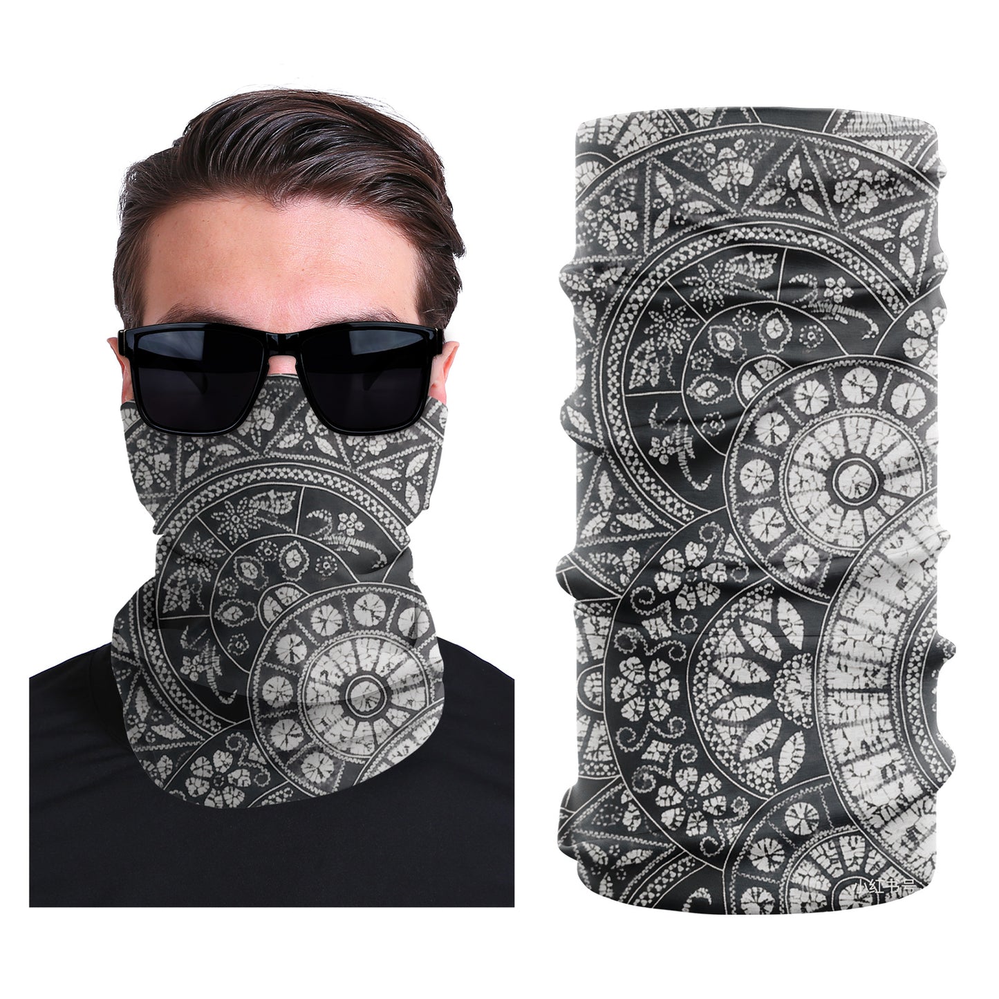 Seamless stretch face mask with black-and-white mandala print