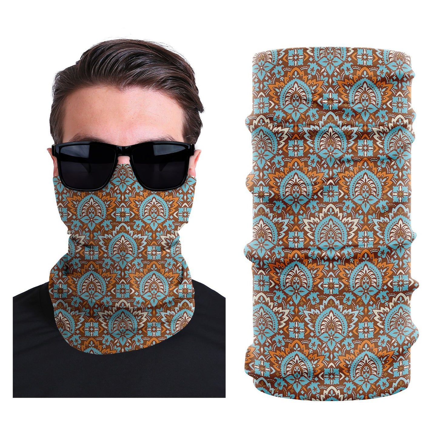 Seamless stretch face mask with orange and teal ornamental pattern