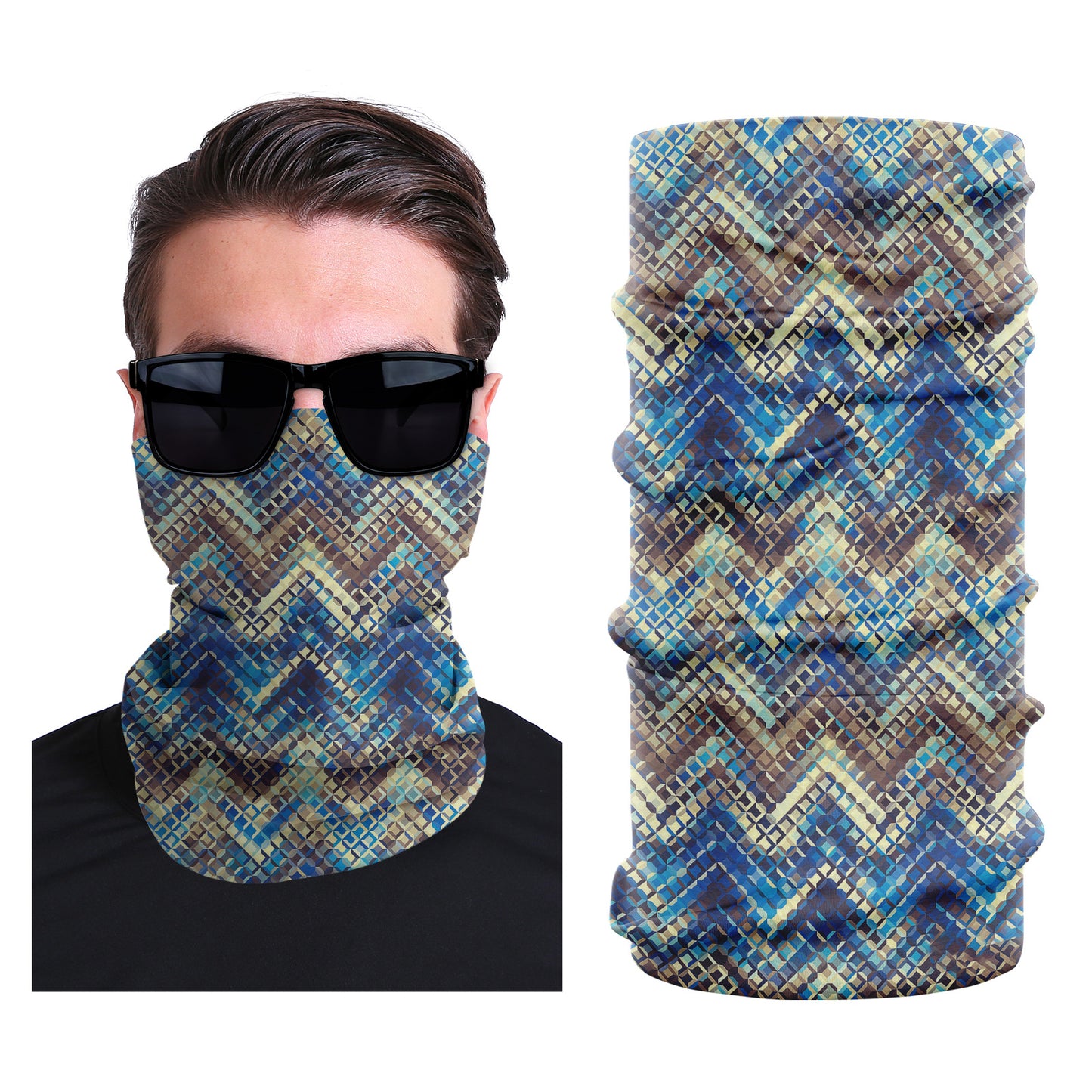 Seamless stretch face mask with blue and tan woven plaid pattern