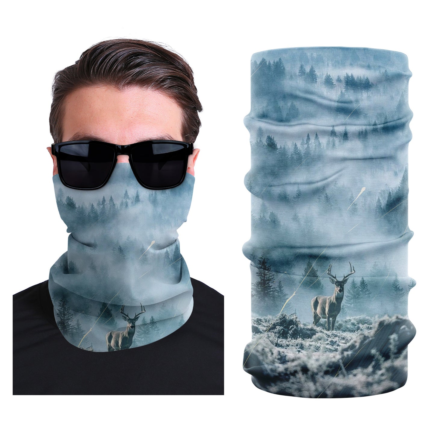 Seamless stretch face mask with light blue winter landscape print