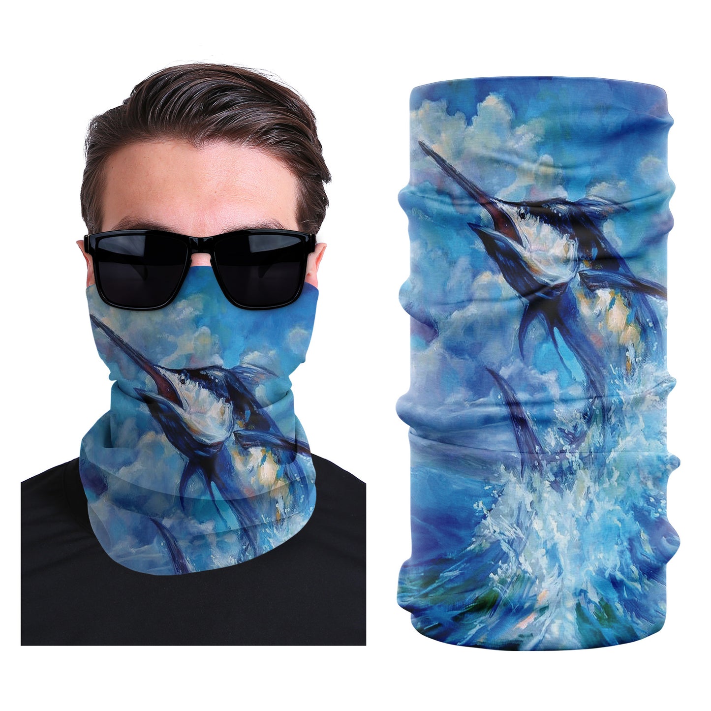Seamless stretch outdoor face mask, blue watercolor abstract print, tubular gaiter style