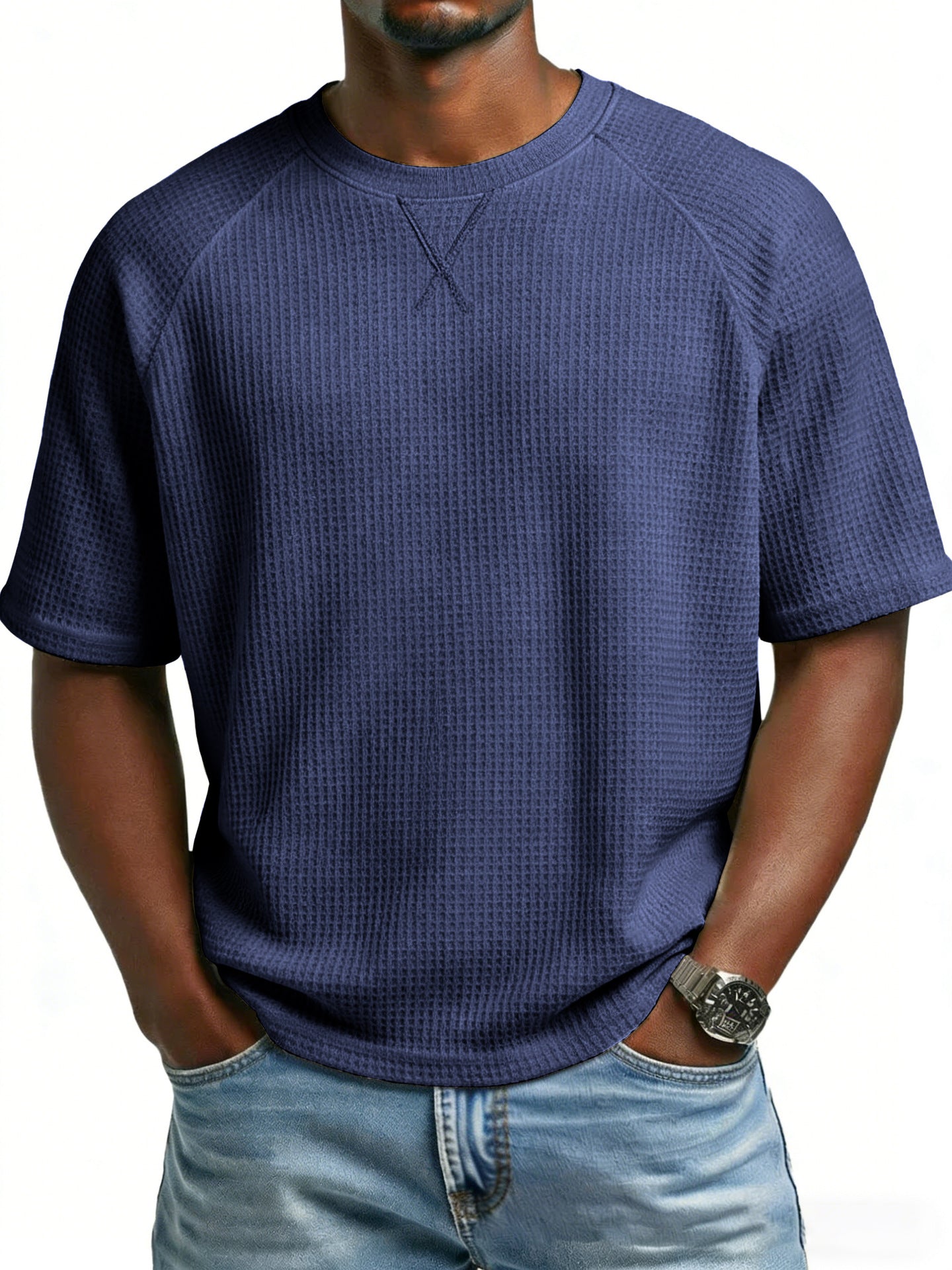 Men's waffle knit tee in navy blue, short sleeves and crew neck