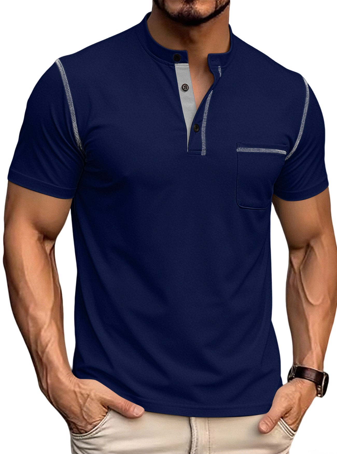 Men's stand collar henley polo shirt in blue, button placket, chest pocket, contrast trim