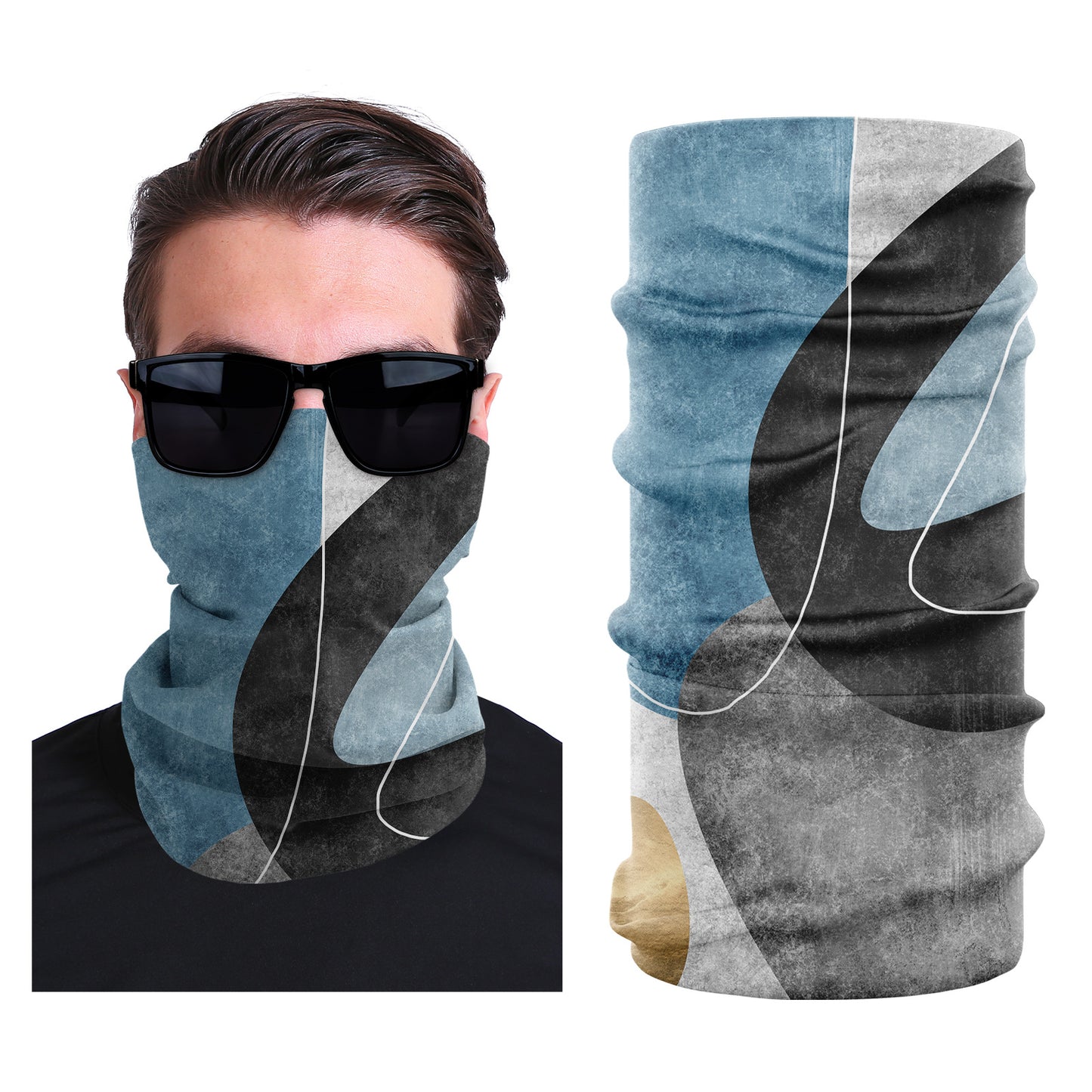 Seamless stretch outdoor face mask in blue and dark gray diagonal abstract print