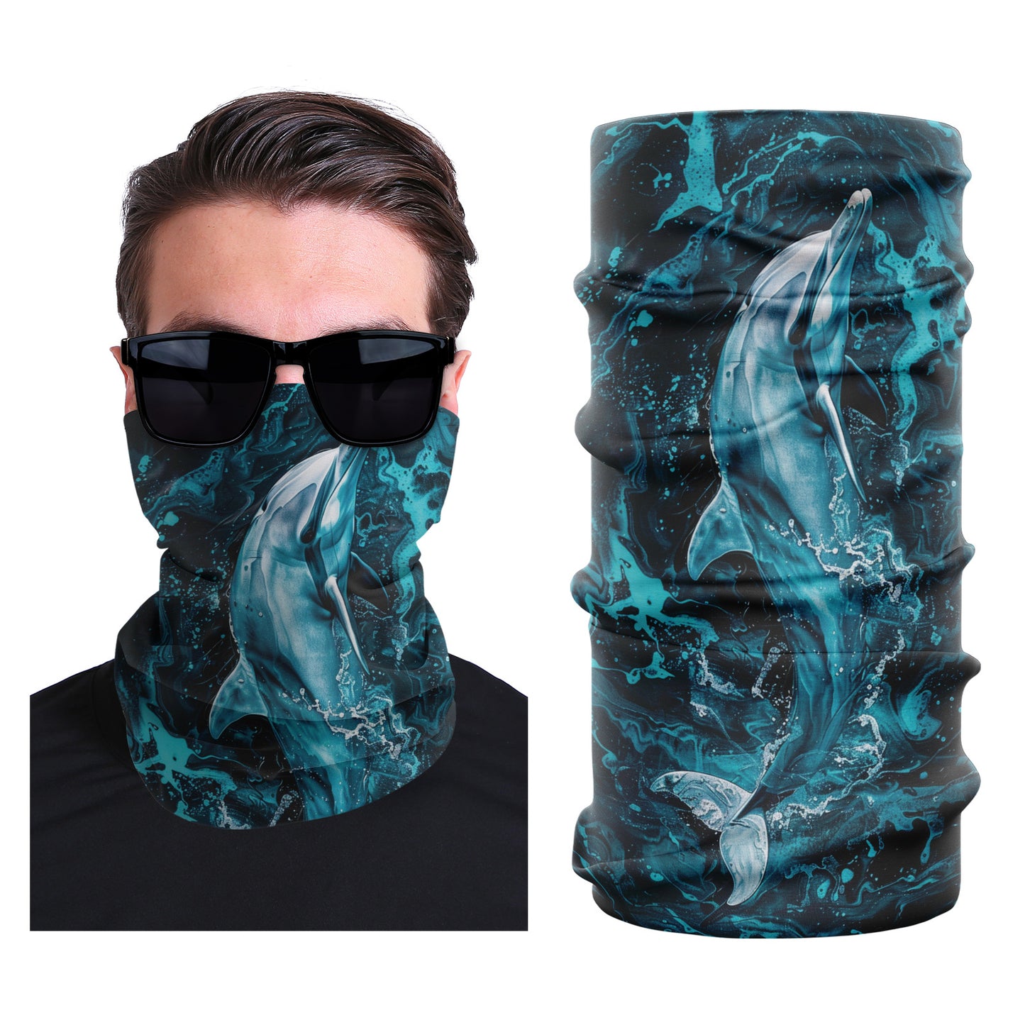 Seamless stretch outdoor face mask, teal and blue ocean splash print, tubular gaiter