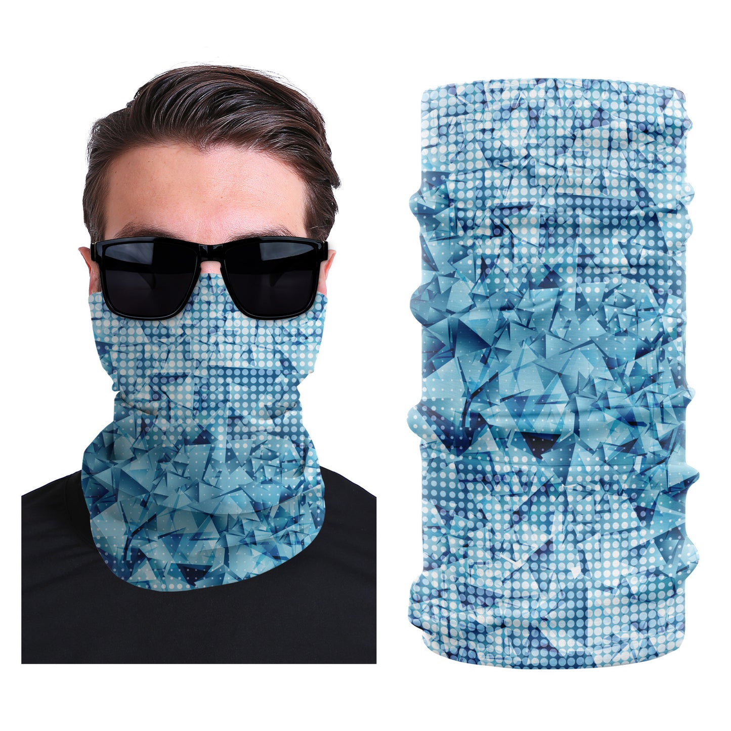 Seamless stretch outdoor face mask, light blue pixel and geometric print, tubular gaiter