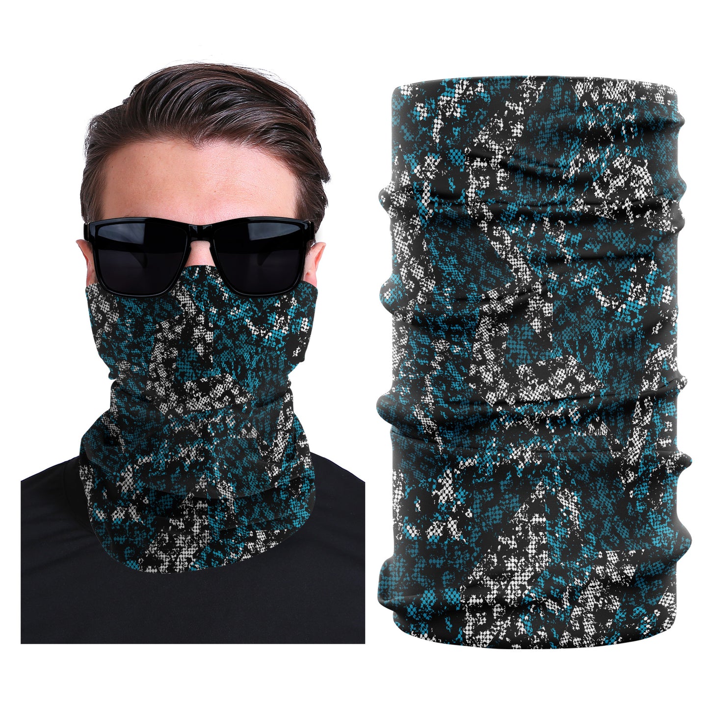 Seamless stretch outdoor face mask, dark teal speckle camouflage print, tubular gaiter