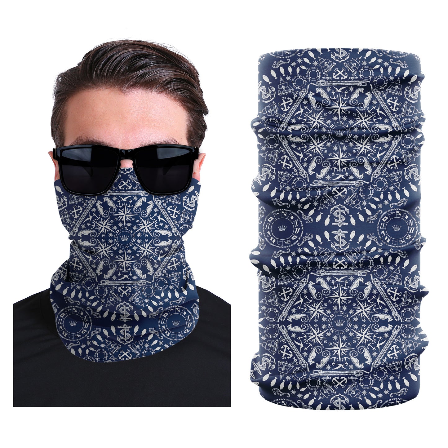 Seamless stretch outdoor face mask, navy and white nautical pattern, tubular gaiter