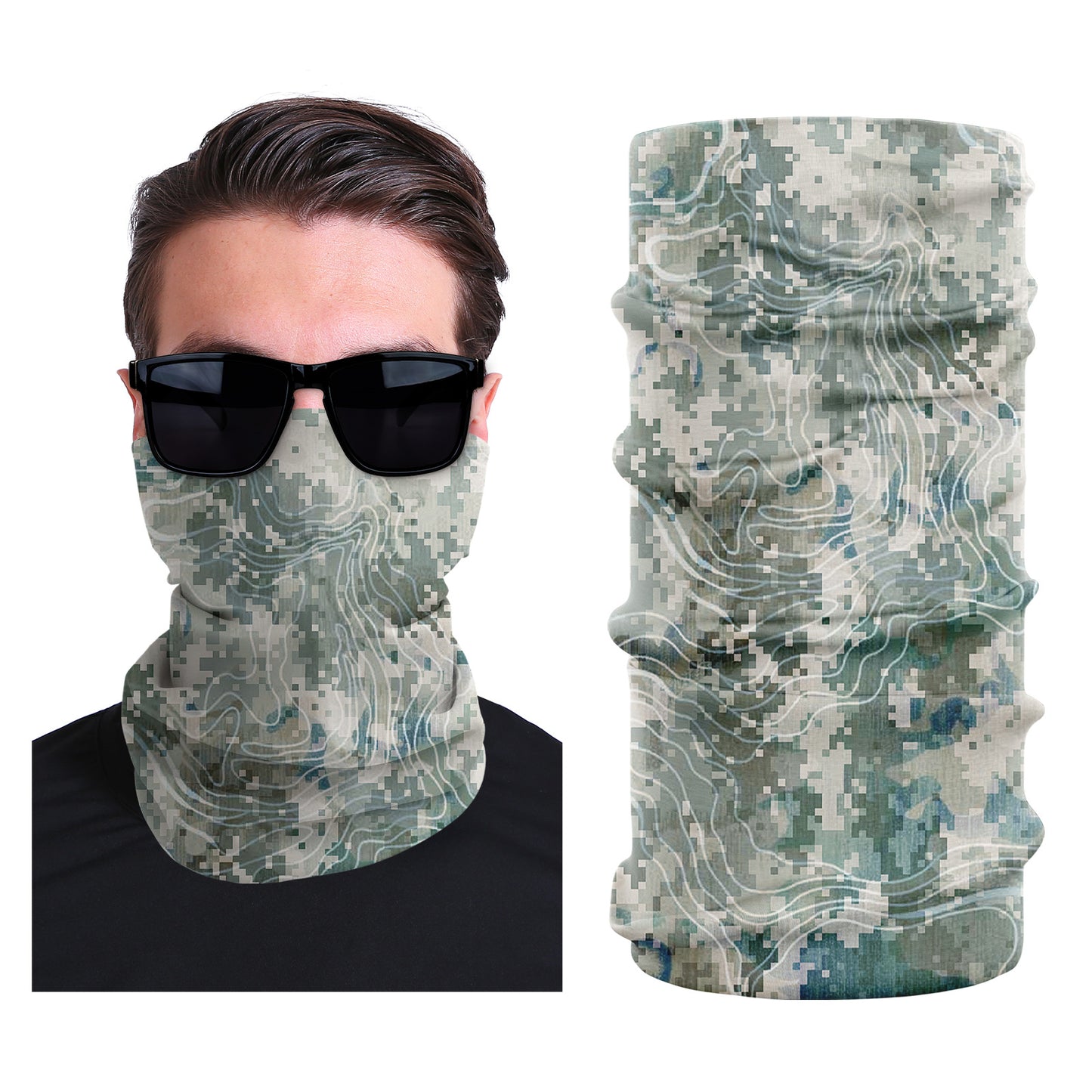 Seamless stretch outdoor face mask, sage green digital camouflage print, tubular gaiter