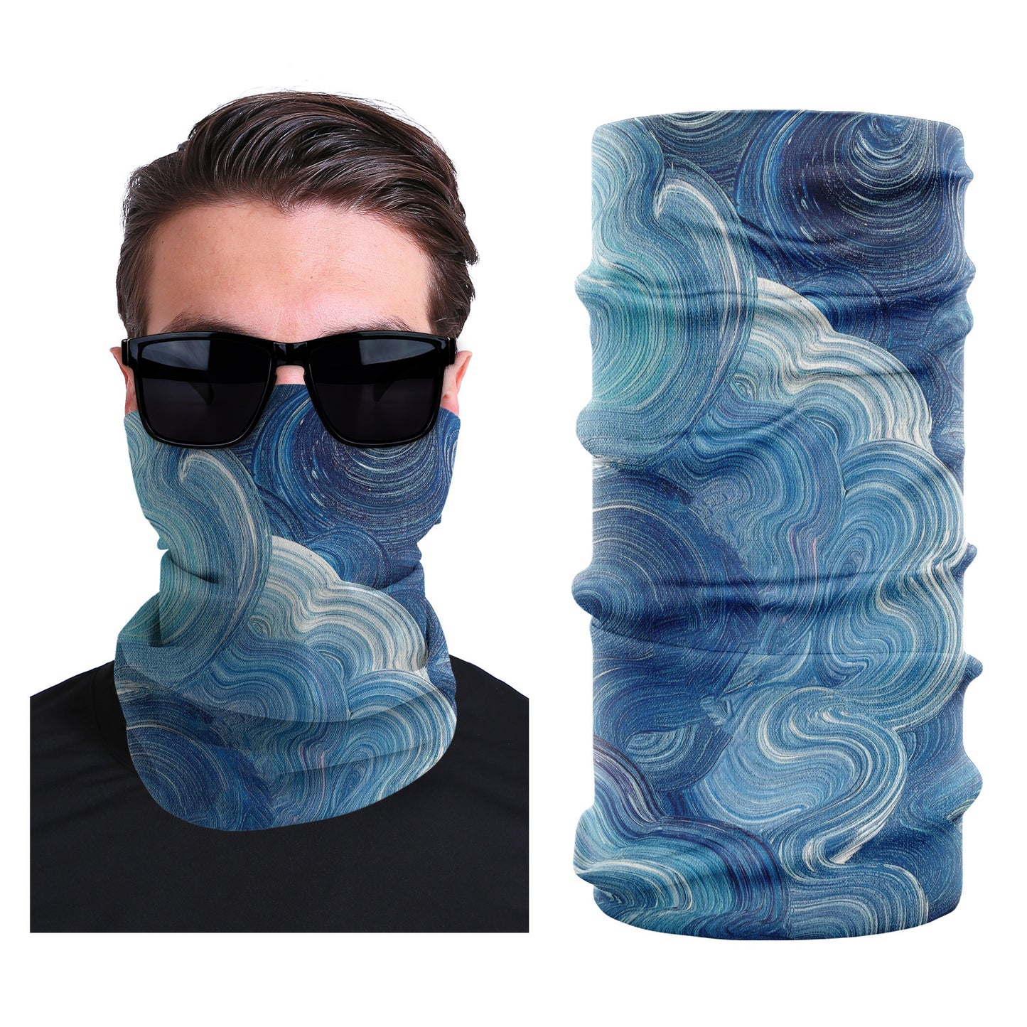 Seamless stretch outdoor face mask, blue swirl wave pattern, tubular gaiter
