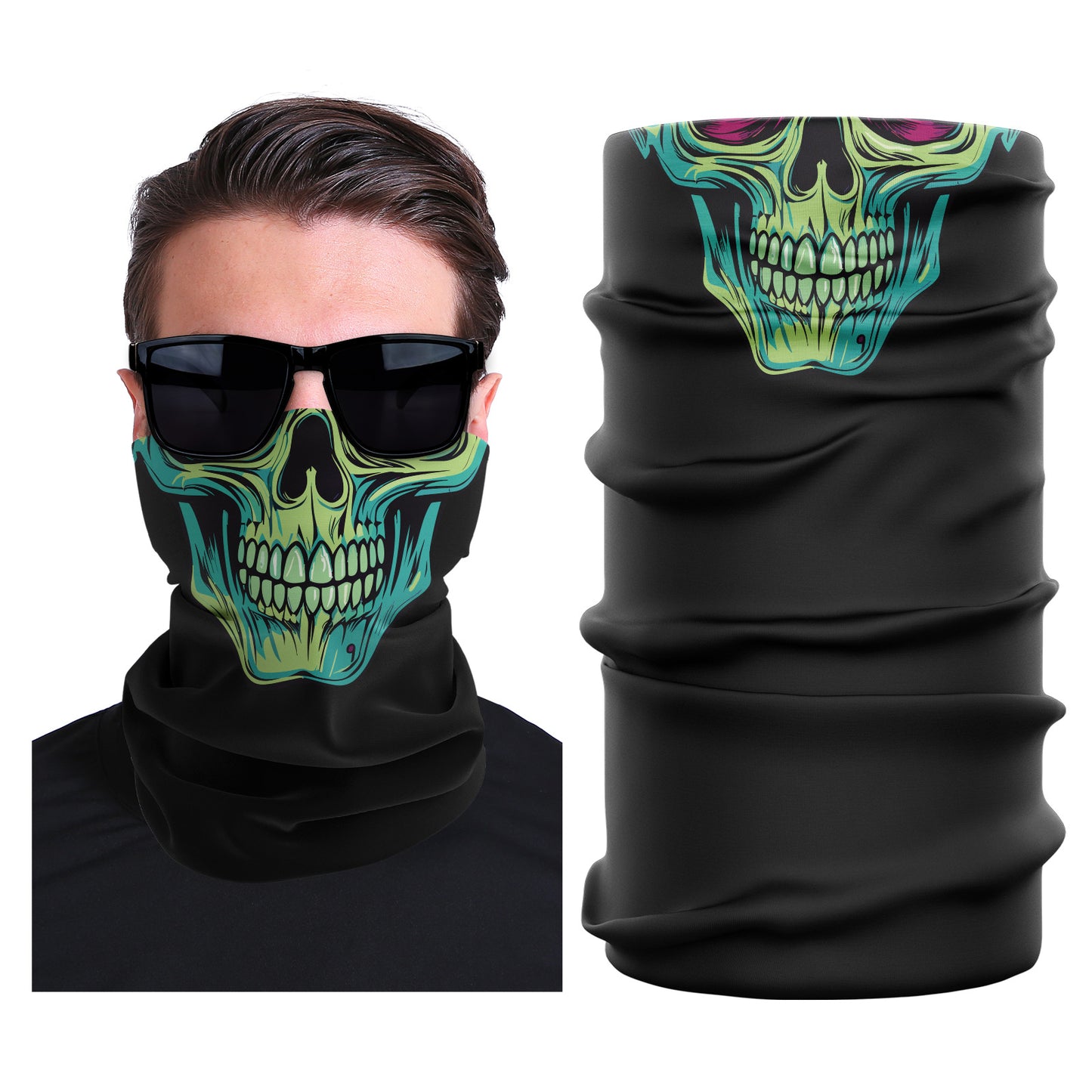 Seamless stretch outdoor face mask, black with neon green skull graphic, tubular gaiter