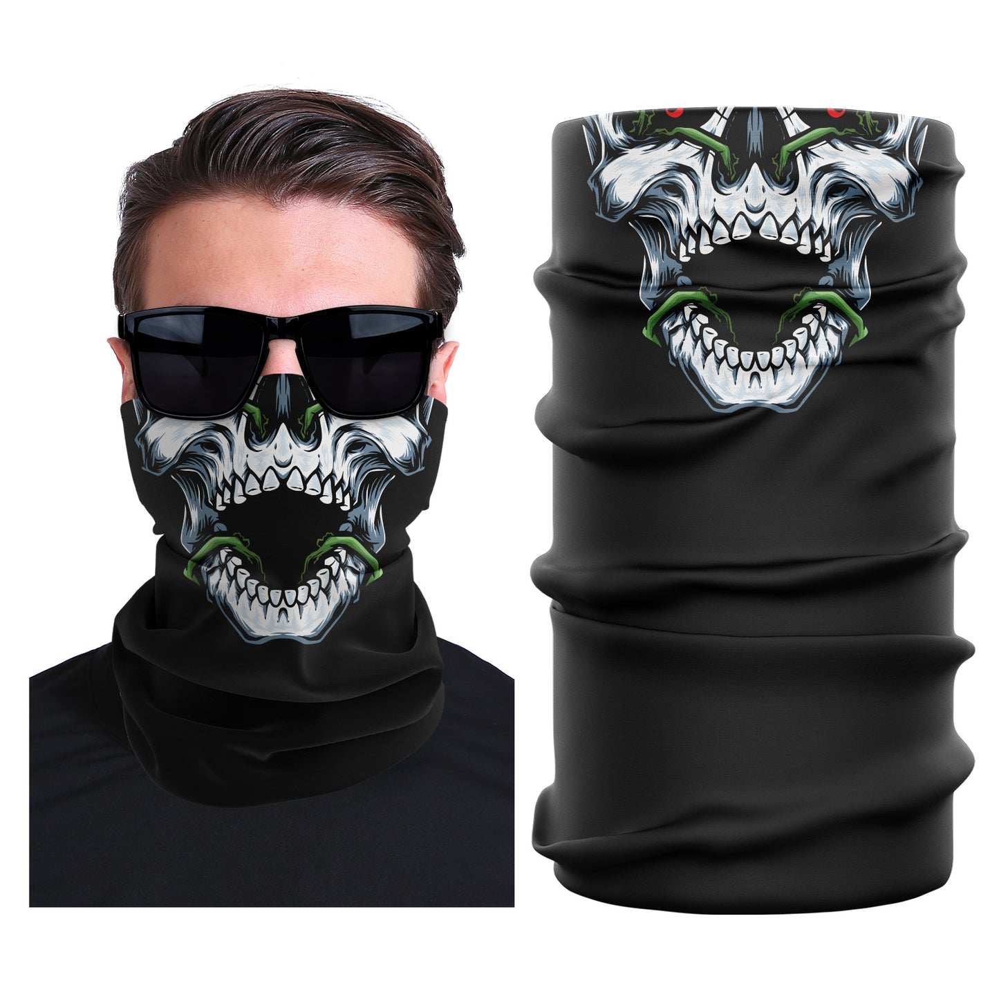 Seamless stretch outdoor face mask, black with white and green skull graphic, tubular gaiter