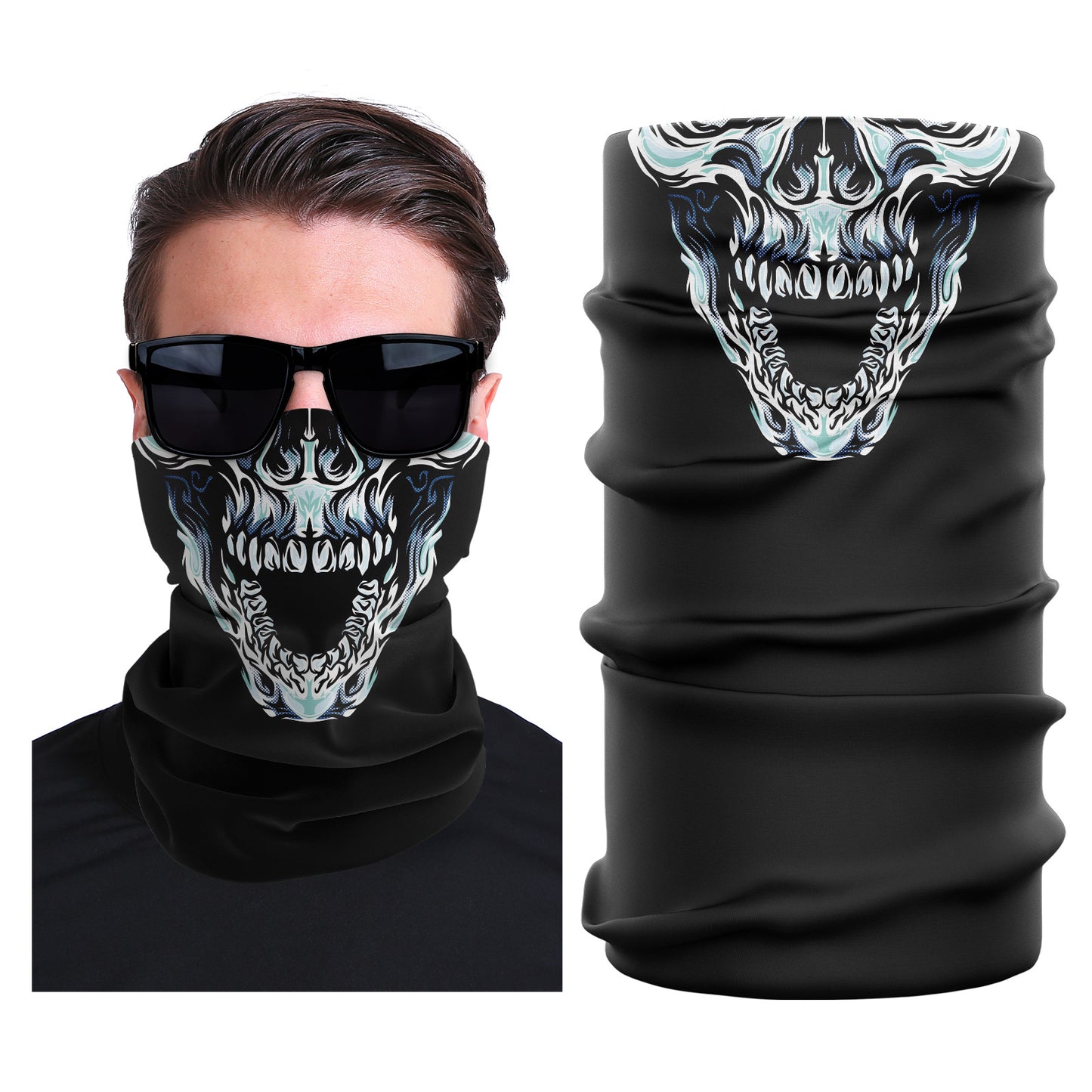 Seamless stretch outdoor face mask, black with white skull graphic, tubular gaiter