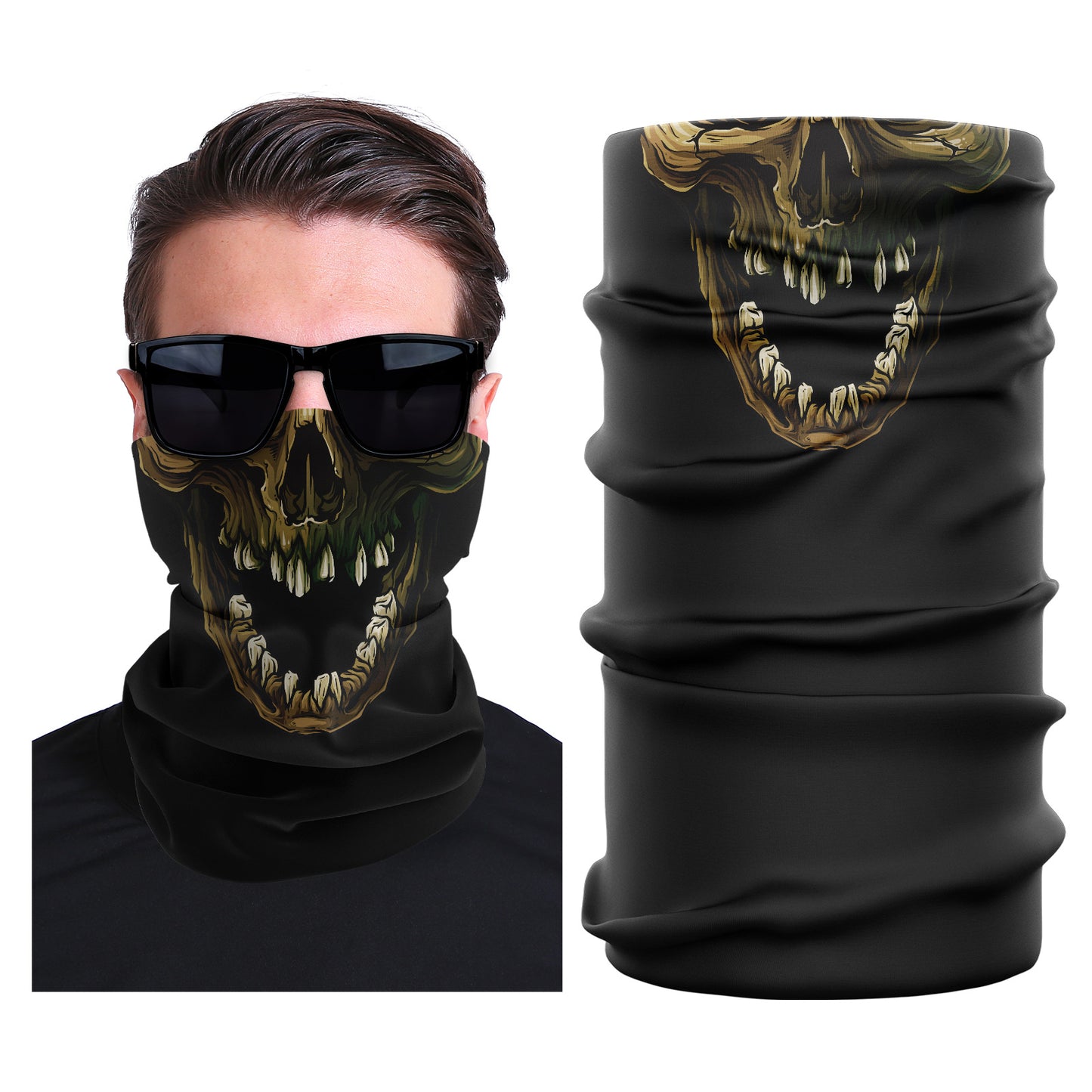 Black seamless stretch face mask with gold skull print and tubular design