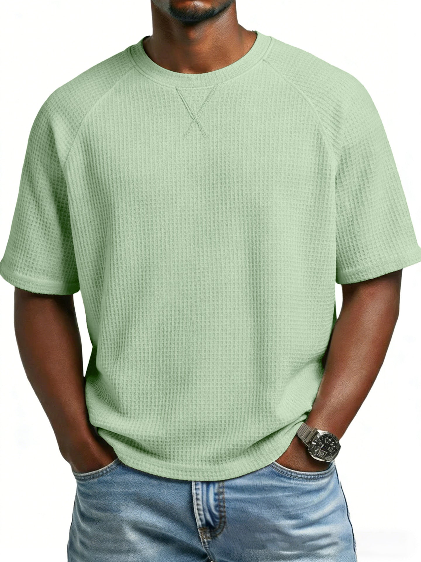 Men's waffle knit tee in light green, short sleeves and crew neck
