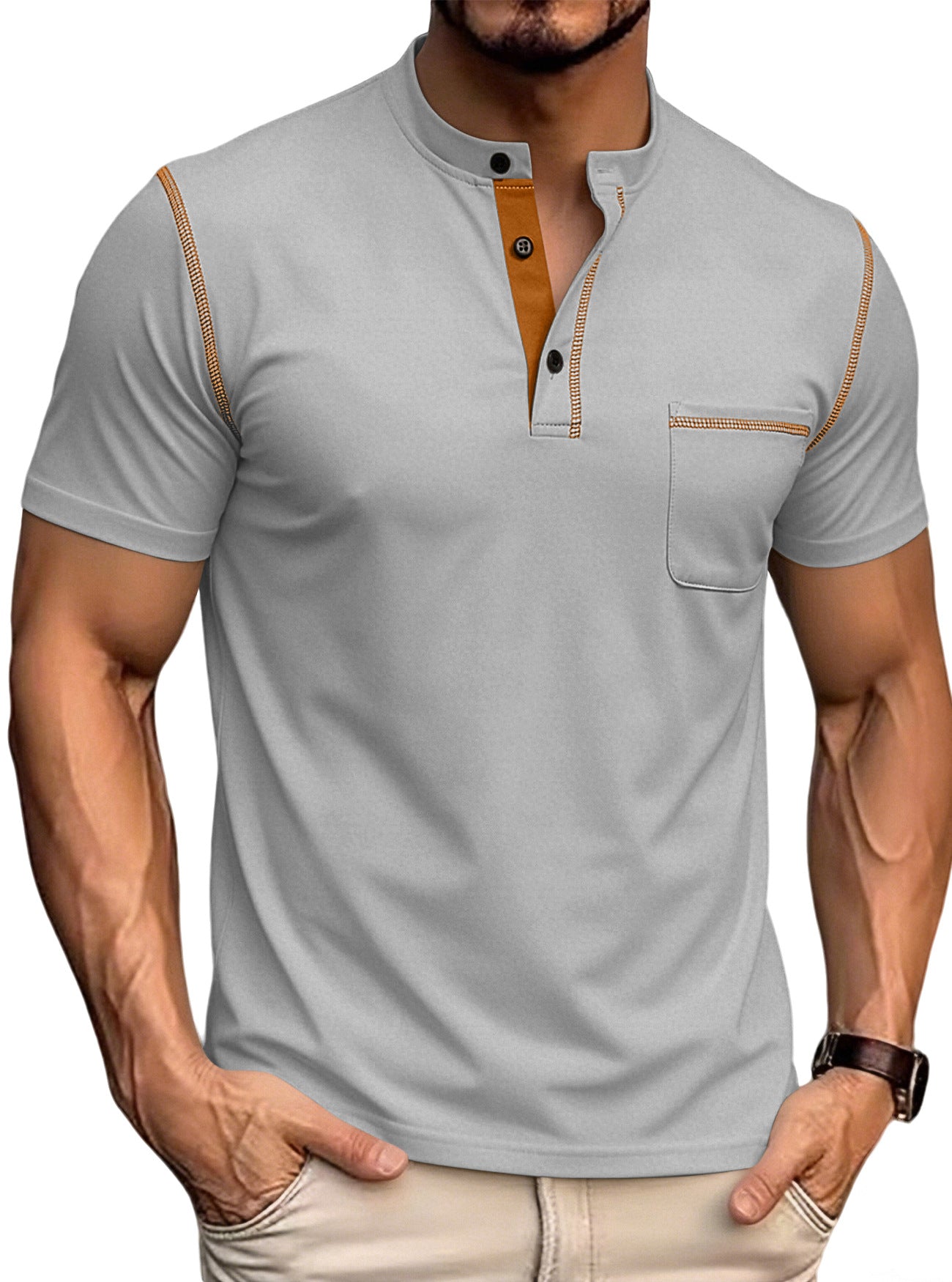 Men's stand collar henley polo shirt in light gray, button placket, chest pocket, contrast trim